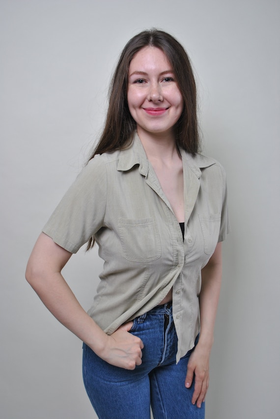Vintage 90s Beige Viscose Button Up Shirt, Minimalist Short Sleeve Blouse, Size M