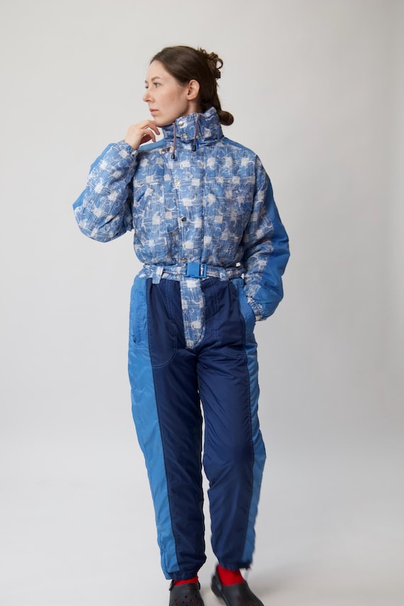 Vintage Blue Abstract Print Ski Suit Colorblock Size M