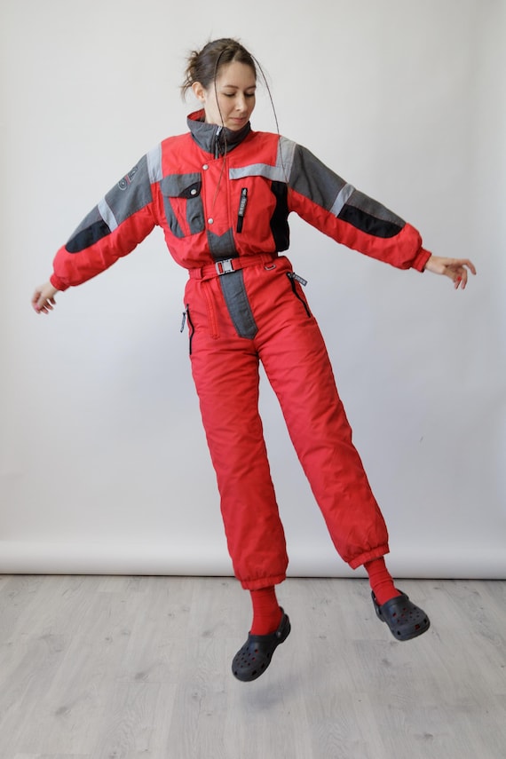 90s Brugi Red Charcoal Colorblock Vintage Ski Suit Reflective One Piece Snowsuit Size S