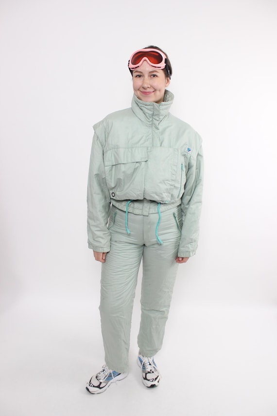 Vintage 90s One Piece Ski Suit, Mint Green Snowsuit Women, Size M