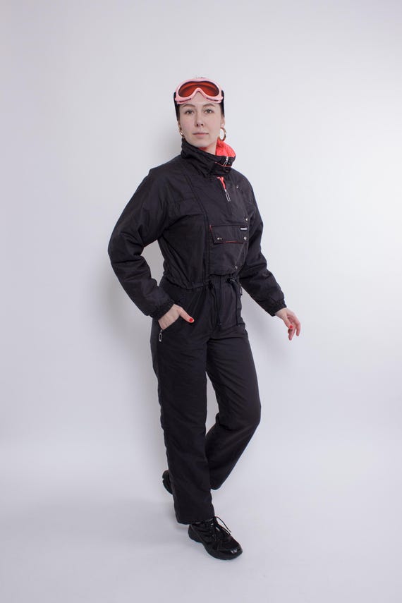 Vintage 90s One Piece Ski Suit with Hood, Retro Black Colorblock Snowsuit, Size M