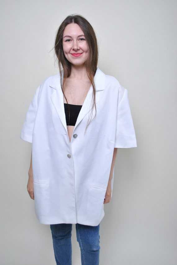 Vintage 80s White Oversized Blazer, Short Sleeve Longline Jacket