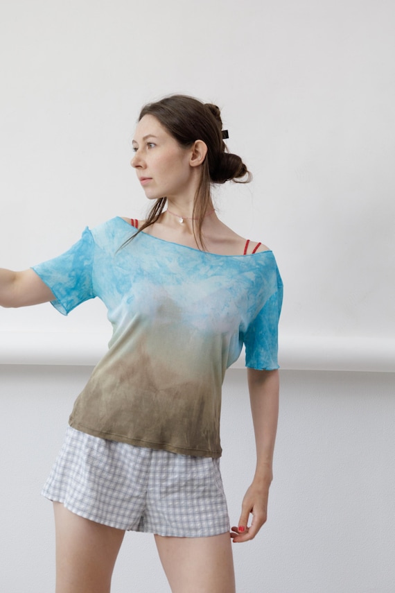 Y2K Ombre Tie Dye Mesh Vintage Top Turquoise Boat Neck Lettuce Hem Size M