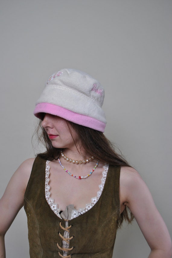 90s Vintage Fleece Bucket Hat: Pink & White Winter Hat