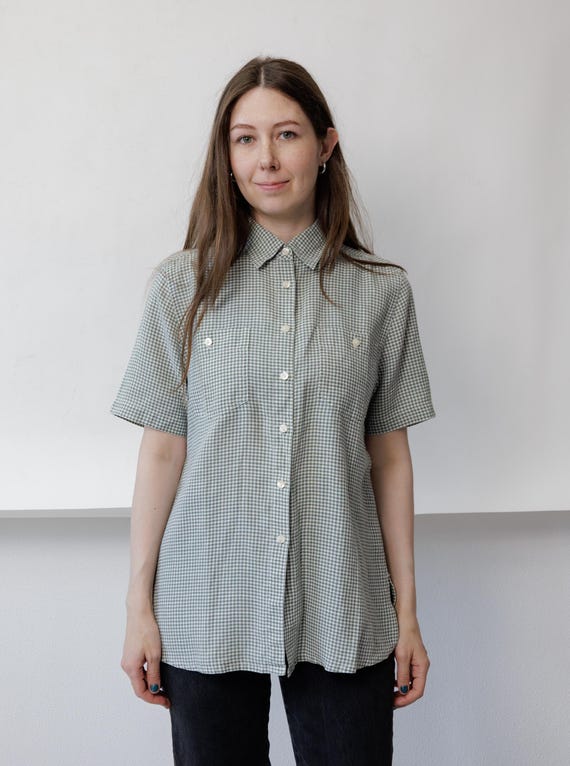 90s Sage Green Gingham Shirt Vintage Cotton Check Button Up Summer Blouse M