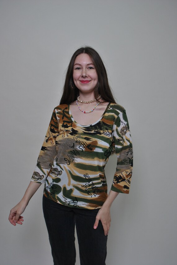 Abstract Print Top Y2K Olive Green Graffiti Knit Pullover Vintage 2000s Size L