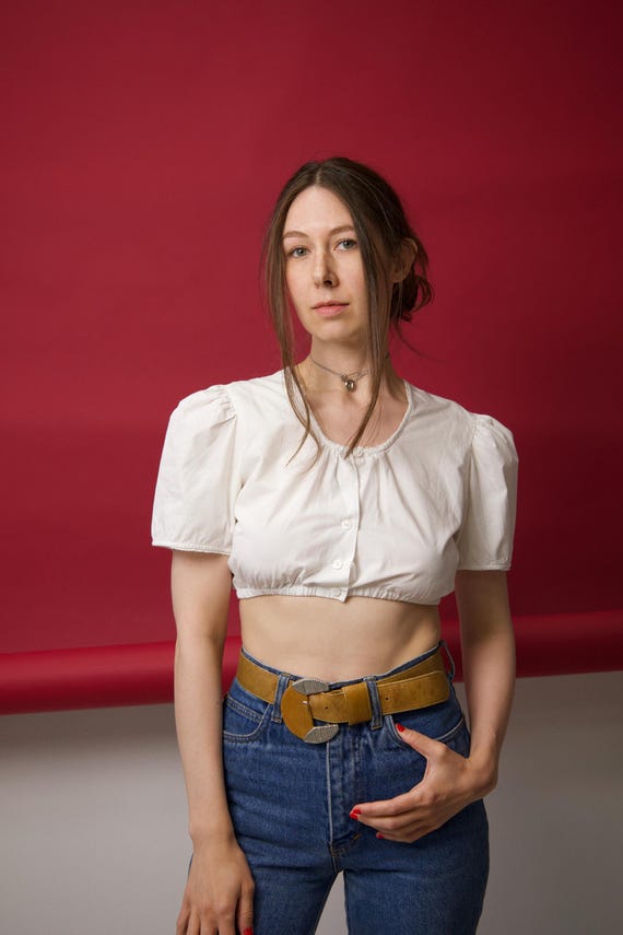 Vintage White Puff Sleeve Crop Top Blouse Size M