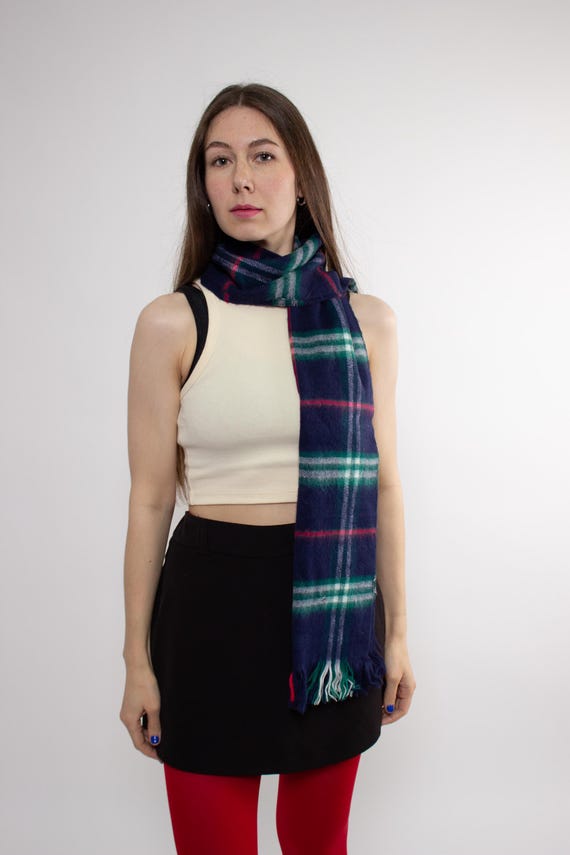 Vintage 90s Navy Blue Tartan Scarf – Soft  Plaid Winter Scarf with Fringe Ends