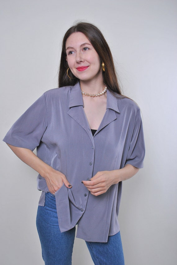 Vintage minimalist secretary grey blouse, Size L
