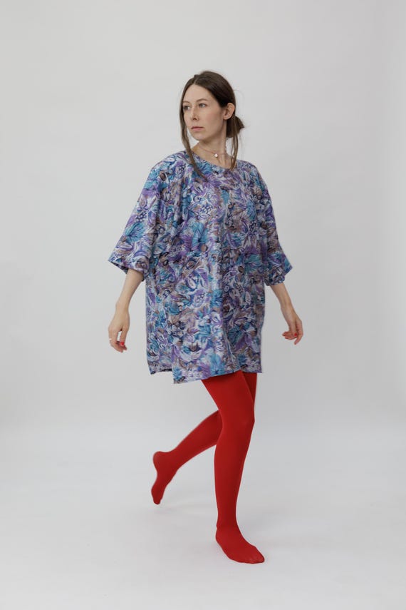 Vintage Oversized Floral Print Tunic Dress One Size