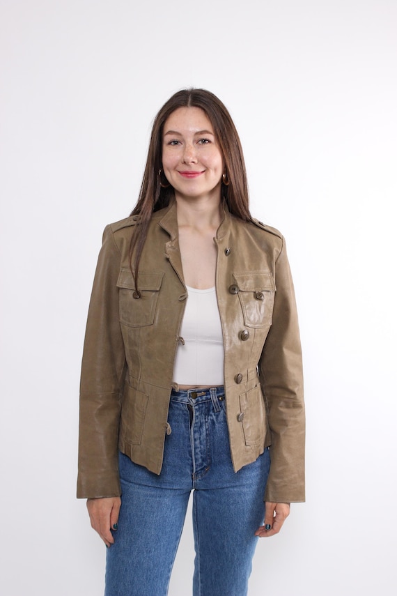 Y2K Tan Leather Jacket Vintage Fitted Military Stand Collar Epaulettes Size M