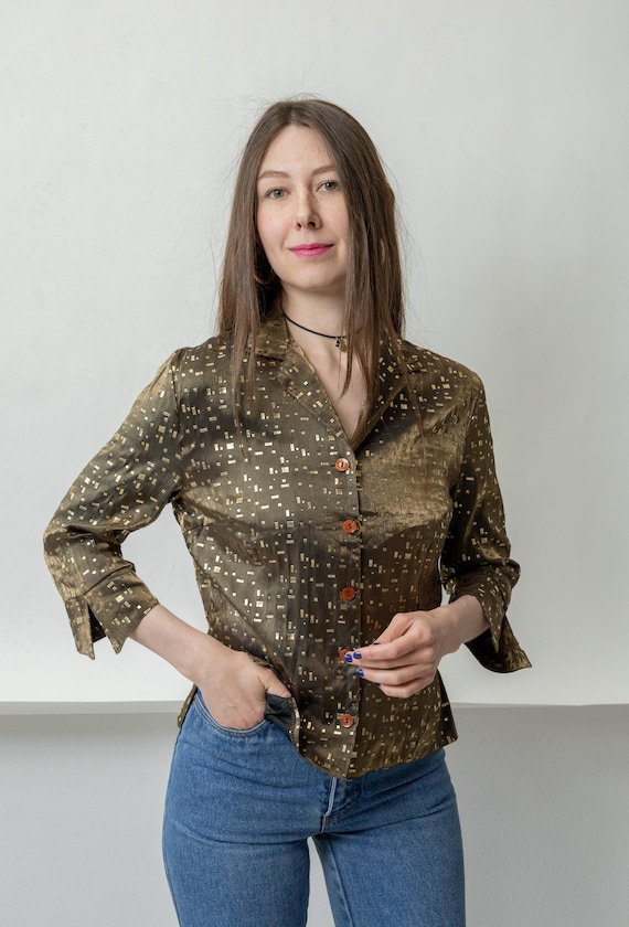 Gold Metallic Blouse Y2K Bronze Shimmer Top  Made in France, Size M