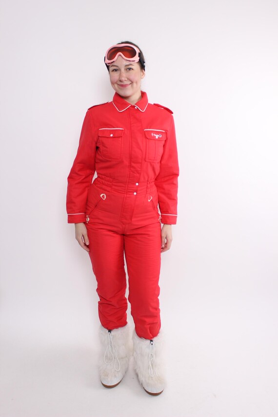 Vintage 90s One Piece Ski Suit, Womens Red Snowsuit, Size S