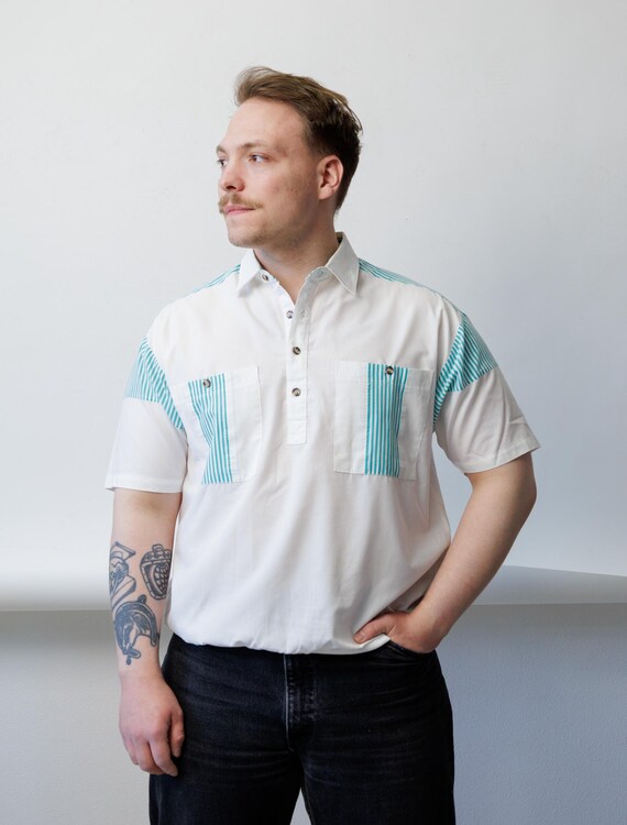 Teal Stripe Popover Shirt Mens 80s Color Block Quarter Button Vintage Cotton Size M