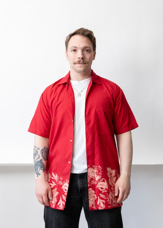 90s Red Hawaiian Border Print Shirt Vintage Hibiscus Short Sleeve Camp Collar Size M