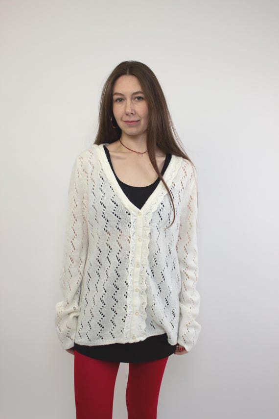 90s White Pointelle Knit Cardigan Vintage Lace V-Neck Button Up Cottagecore Size L