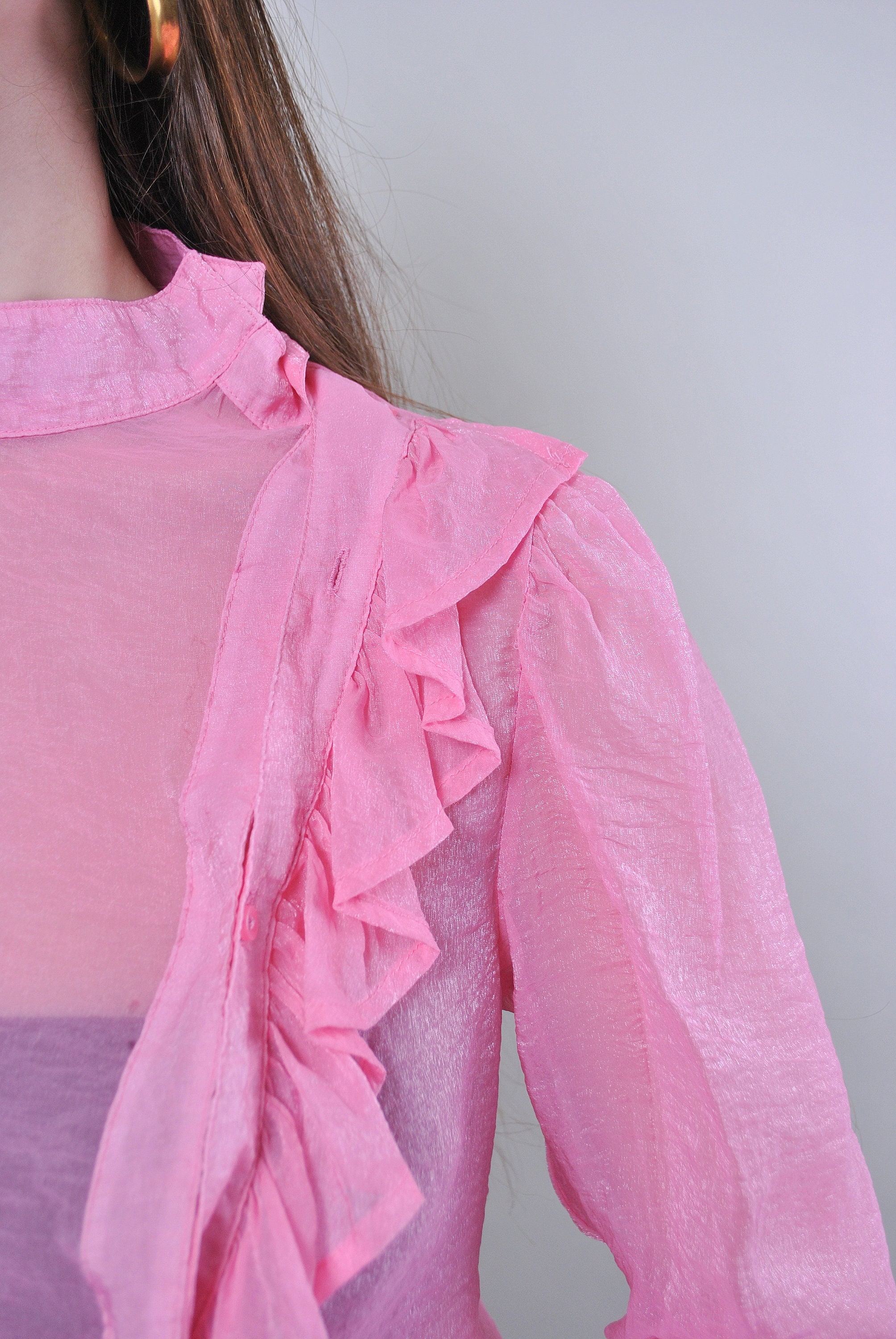 Vintage ruffled transparent pink blouse Size M | Etsy