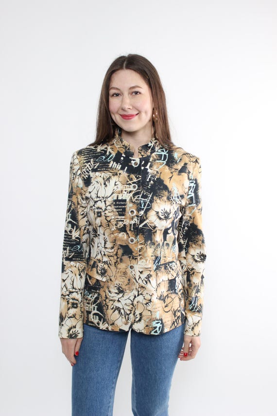 80s abstract print blazer, vintage floral pattern suit jacket, Size M