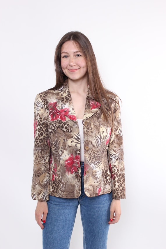 90s flowers print crop blazer, vintage floral lightweight jacket in brown, Size M