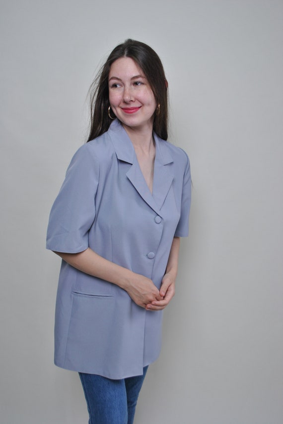 Vintage 90s Grey Blazer: Minimalist Short Sleeve Jacket, Size L