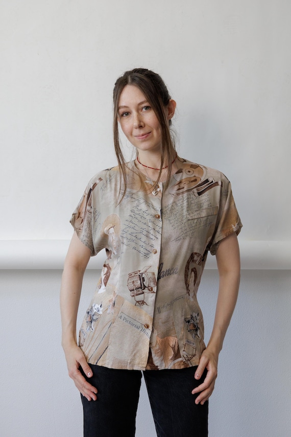 90s Old Hollywood Cinema Print Blouse Vintage Sepia Film Novelty Button Up Size M
