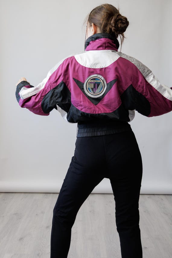 80s Tyrolia Magenta Colorblock Vintage Ski Suit Stirrup Pants One Piece Snowsuit Size S