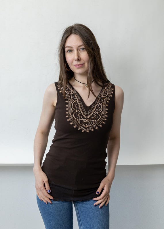Y2K Brown Boho Tank Top Vintage Lace Medallion Print V Neck Ribbed Size S