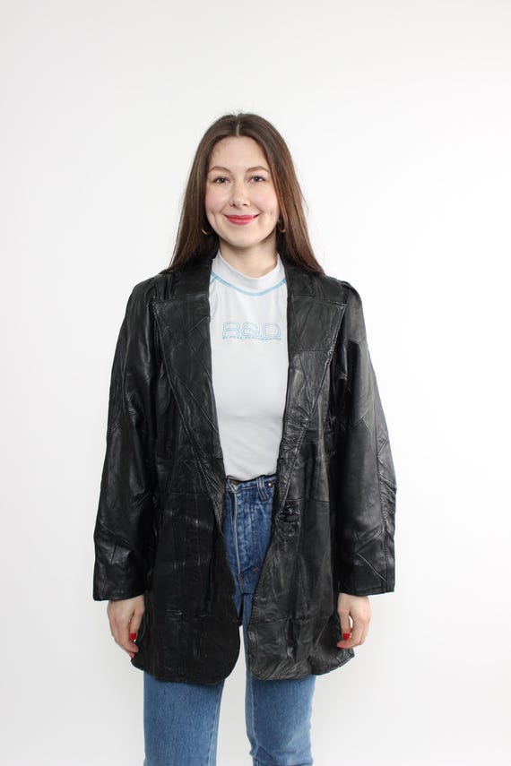 Vintage Black Embroidered Leather Trench, 90s Statement Leather Jacket, Size M