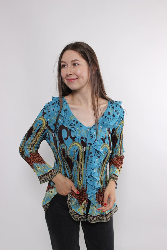 Vintage 90s Paisley Blouse, Ruffle Collar Long Sleeve Top, Boho Abstract Shirt