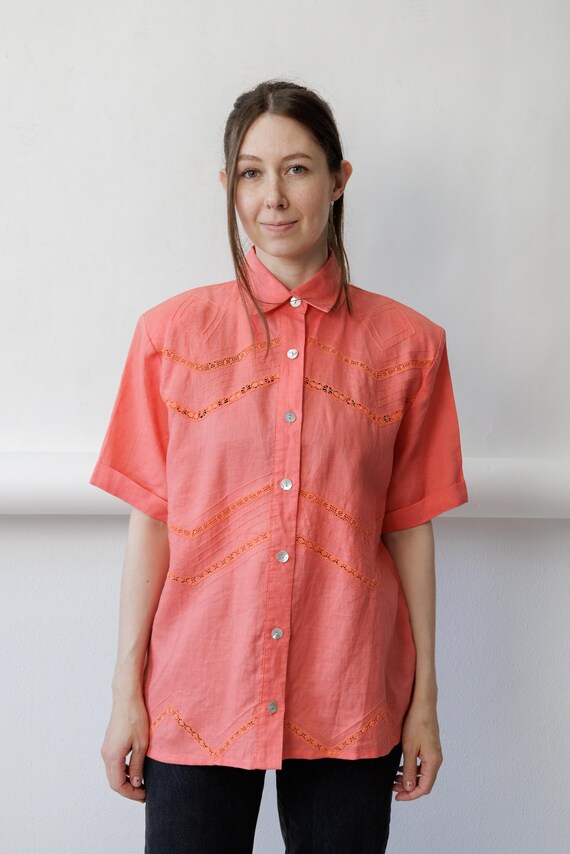 80s coral chevron lace inset blouse pintuck cotton shirt with shell buttons, size Large