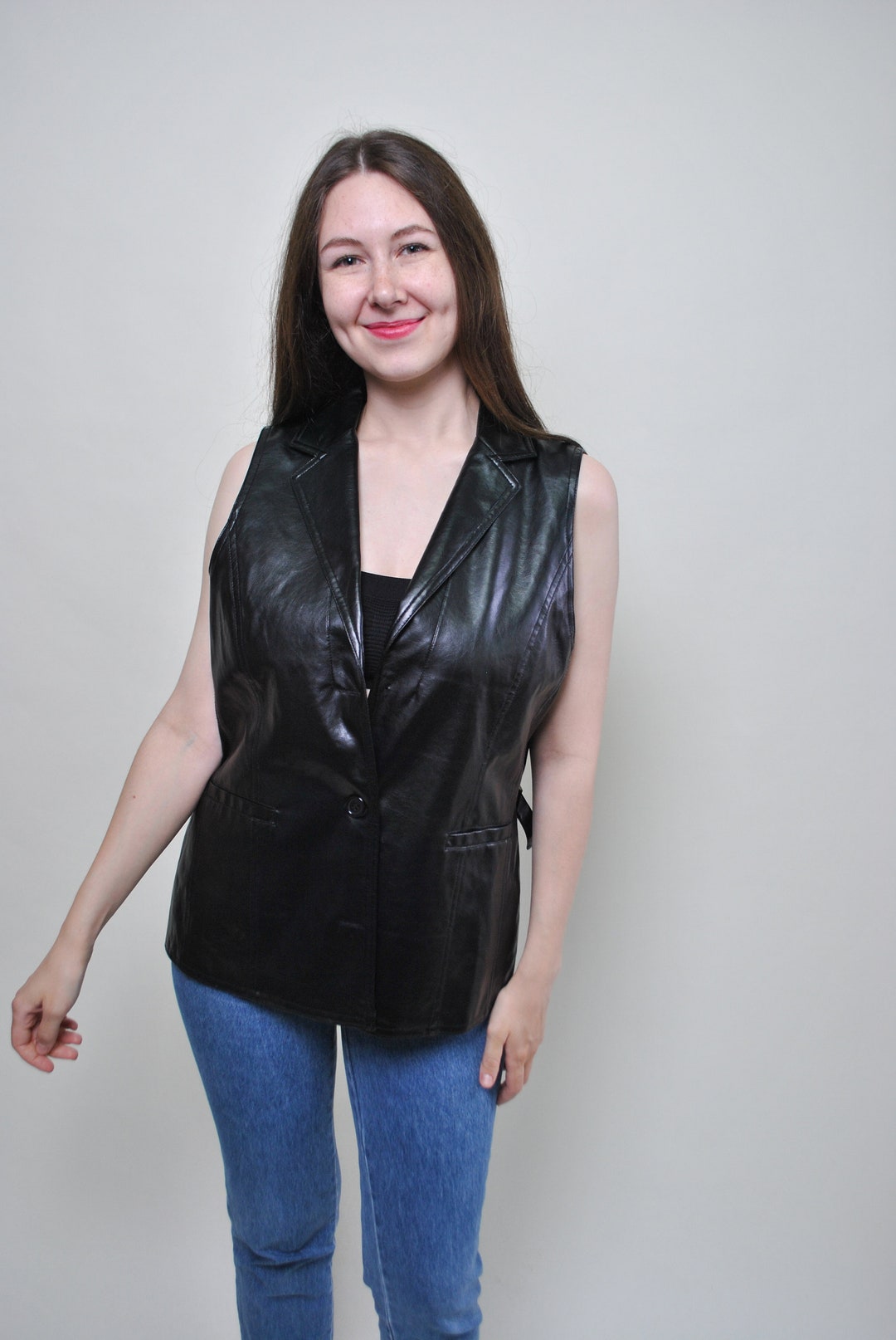 Vintage 90s Black Faux Leather Vest - XL - Etsy