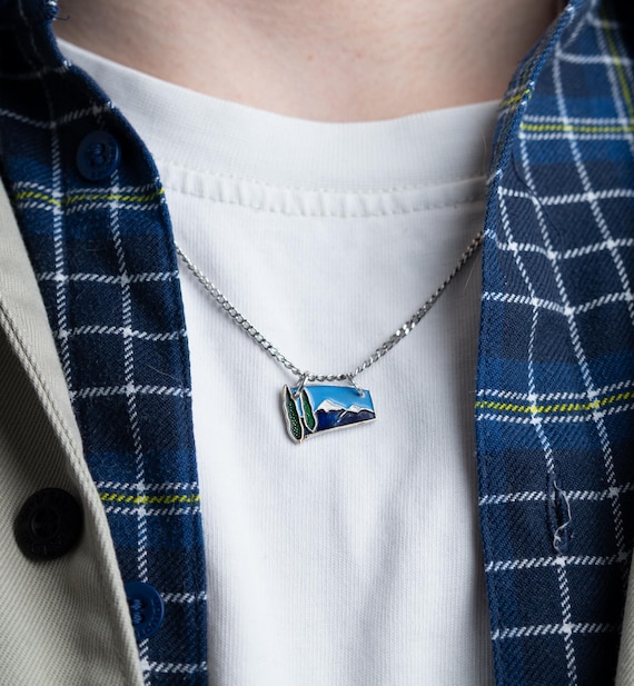 Snowy Mountain Enamel Necklace Cypress Tree Cloisonne Pendant Alpine Landscape Silver Chain Charm