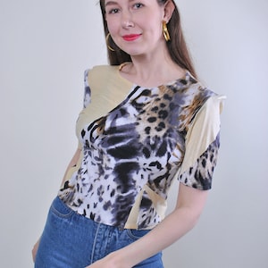 90s Leopard print crop top, vintage pullover fitted blouse, Size S