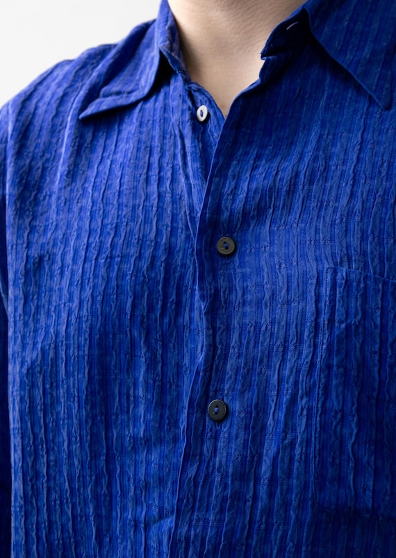 Cobalt Blue Textured Shirt 80s Mens Vintage Going Out Viscose Button Up Size M