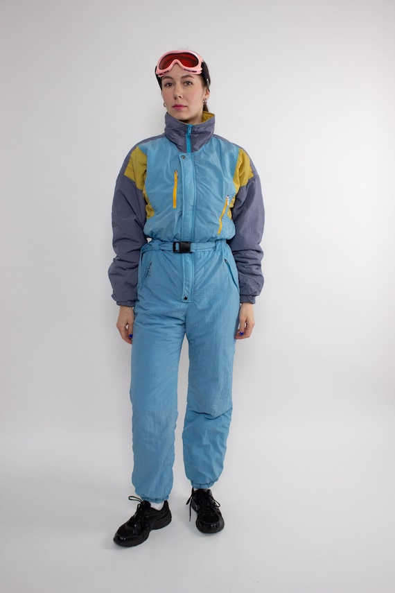 Vintage 90s One Piece Ski Suit, Retro Blue Snowsuit, Winter Jumpsuit, Size M