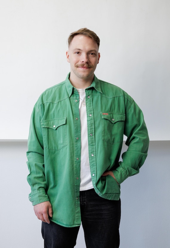 90s Green Western Shirt Vintage Pearl Snap Oversized Cotton Cowboy Yoke Button Up L