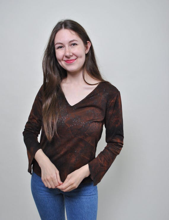 Vintage Y2K Brown Lurex Floral Top, Dark Feminine Long Sleeve Shirt