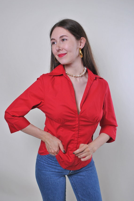 90s deep v-neck blouse in red, vintage quarter sleeve formal style blouse, Size M