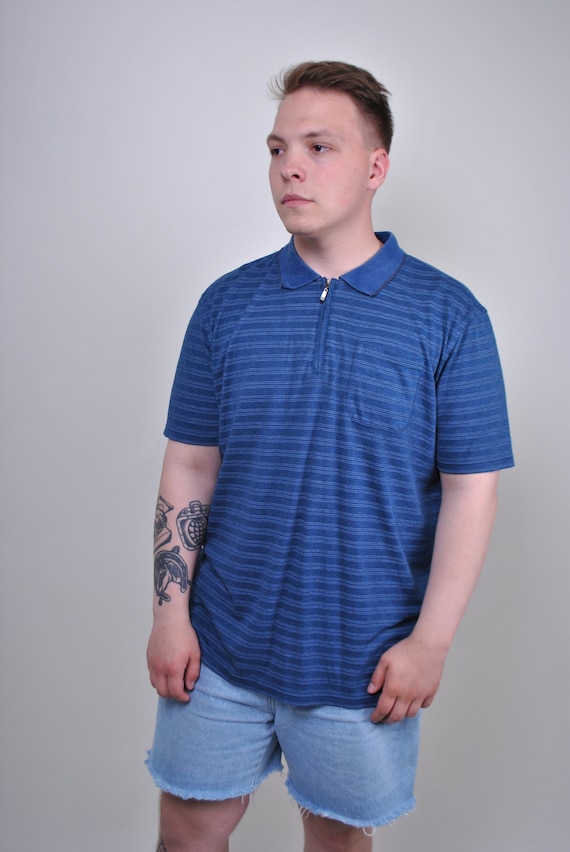 90s blue polo shirt, vintage striped minimalist tee, Size L