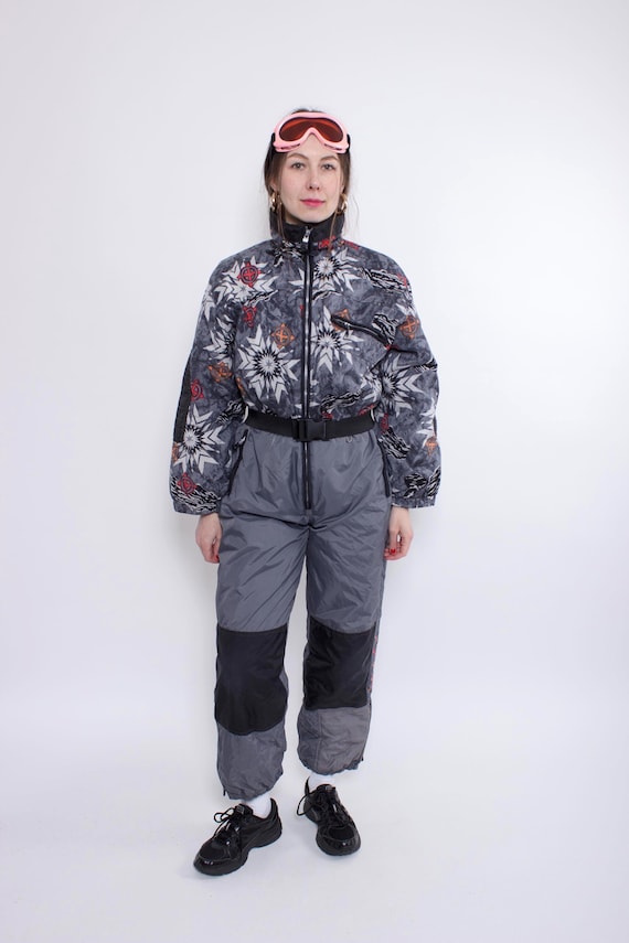 Vintage 90s Ski Suit, Retro Pattern One Piece Snowsuit, Abstract Print Snowboard, Size M