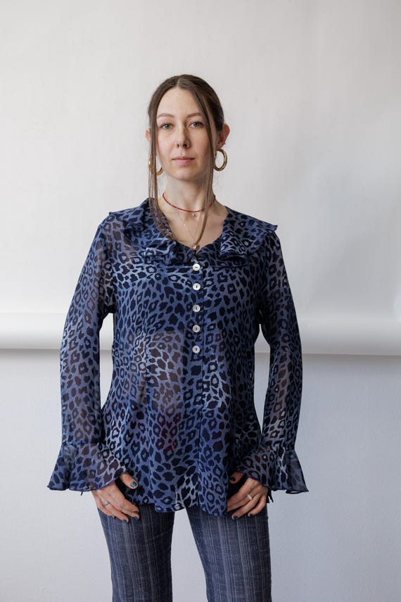 Y2K Blue Leopard Blouse Vintage Sheer Ruffle Collar Bell Sleeve Top Size L