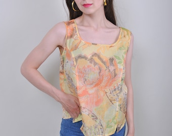 Canotta anni '90 con stampa floreale gialla, top vintage con scollo quadrato e fiori, taglia M