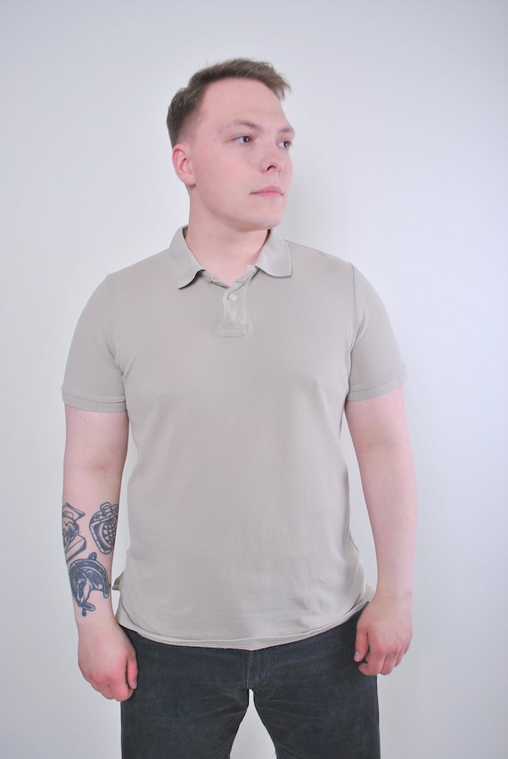 90s minimalist polo shirt, Vintage men beige essential tee, Size L