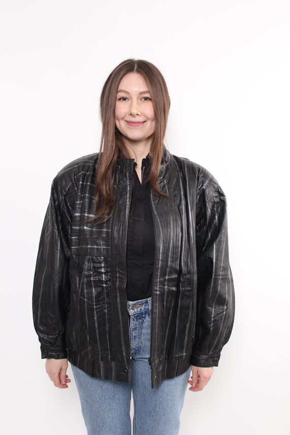 Black Leather Bomber Jacket 80s Oversized Minimalist Grunge Layering Jacket, Size M