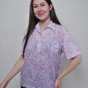 90s white floral blouse, vintage colorful flowers loose summer shirt, Size L