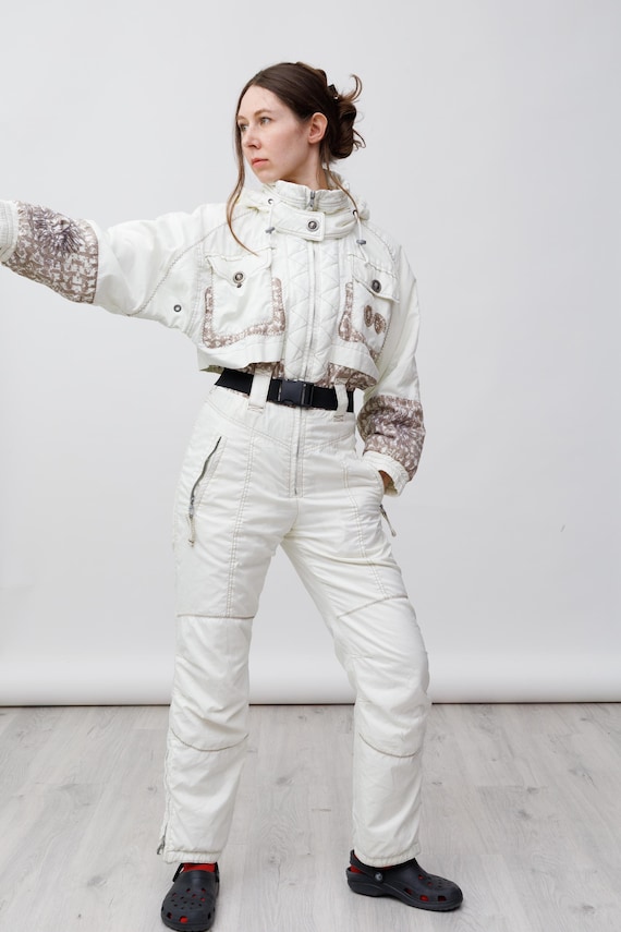 Ivory Taupe Sun Embroidered Cropped Jacket Vintage Ski Suit Jumpsuit with Hood Size M