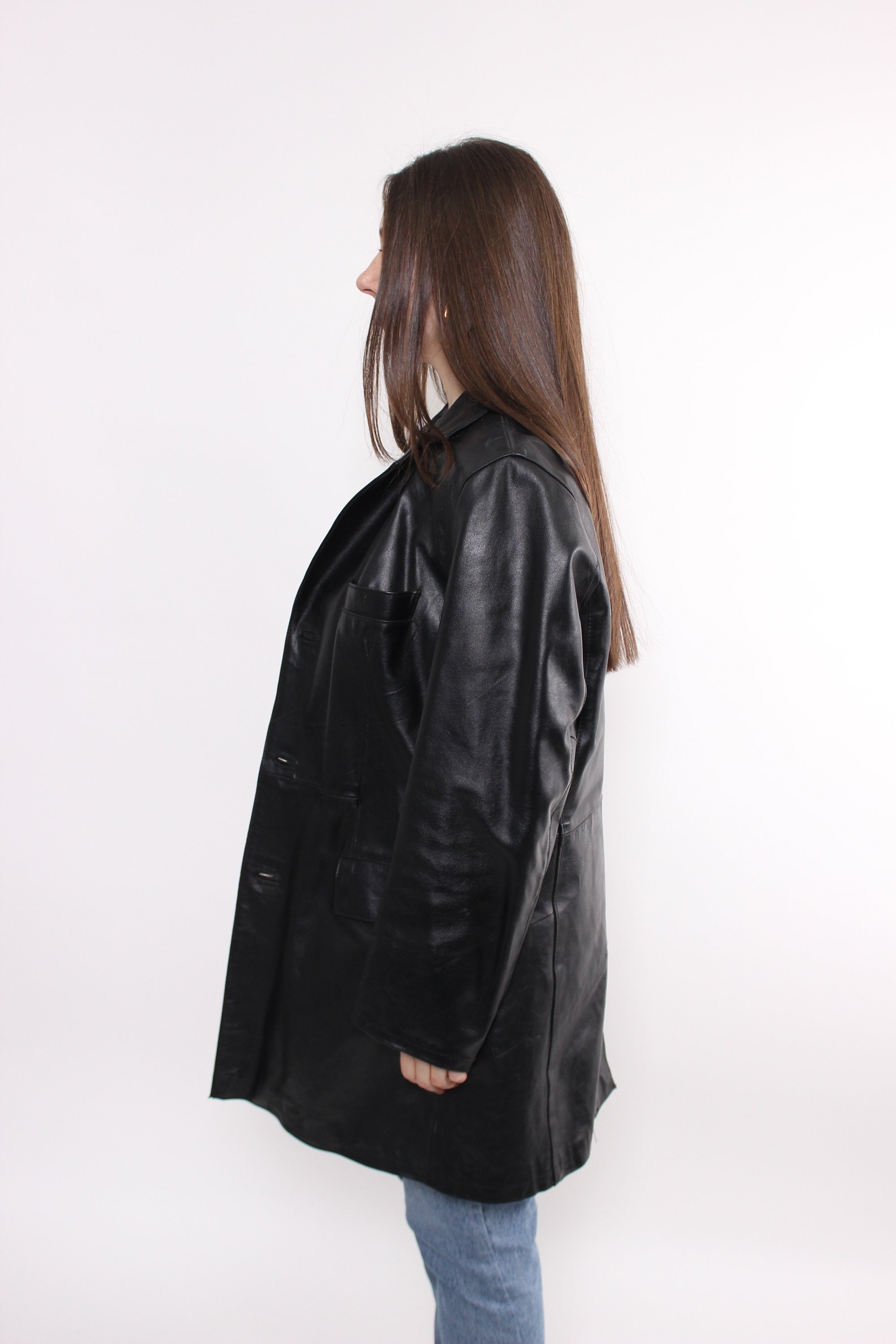Vintage Black Leather Coat, 90s Minimalist Long Leather Jacket