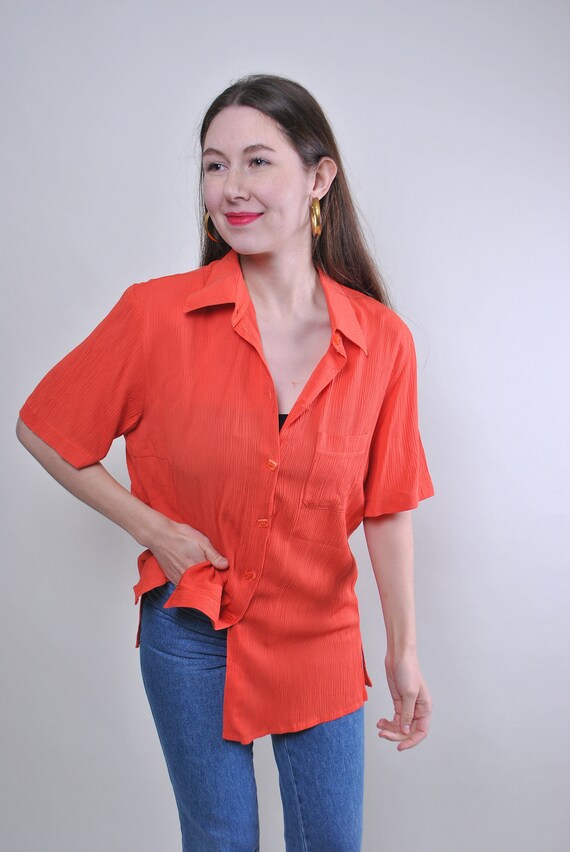 Coral Orange Crinkle Texture Button Up Blouse, 90s Oversized Camp Collar Shirt, L