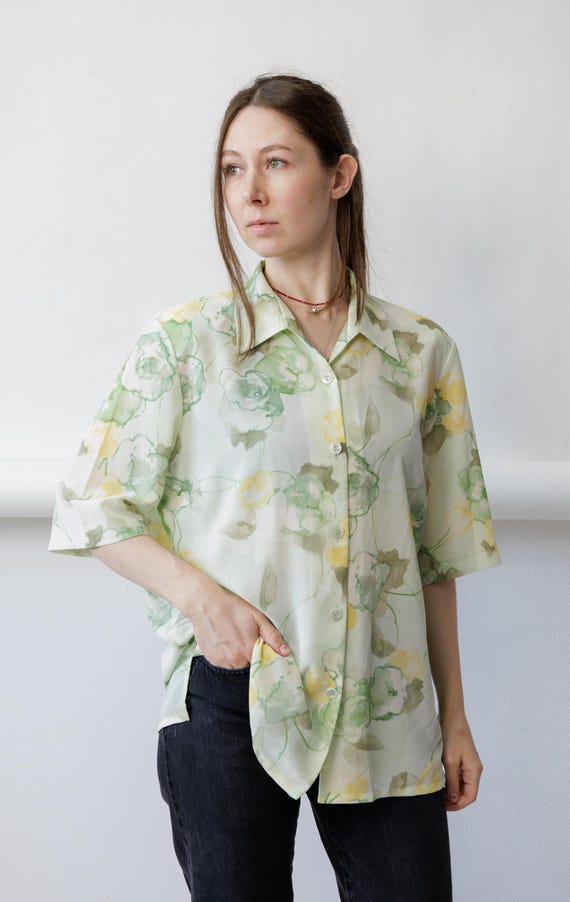90s Sage Watercolor Blouse Vintage Sheer Floral Oversized Longline Camp Collar Size L