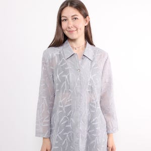 90s sheer grey floral blouse with shoulder pads, vintage long sleeve button up shirt, Size M